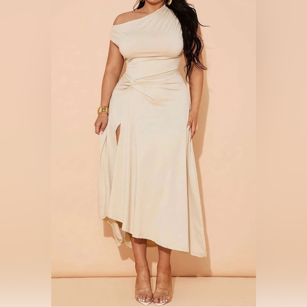 Elegant Asymmetrical Cream Midi Dress